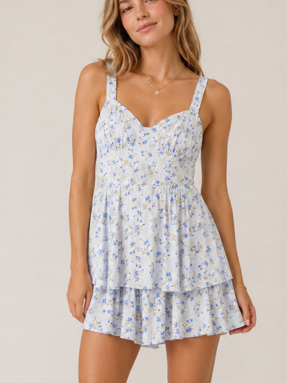 Altar'd State Gillette Blue Ditsy Floral Flounce Romper Dress SZ Medium Coquette